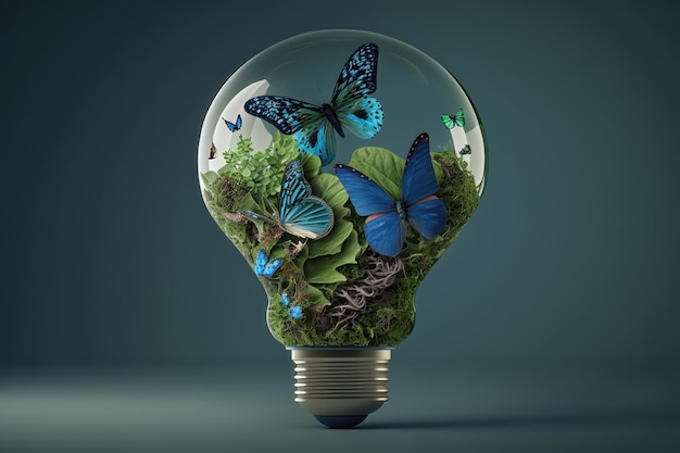 Green energy banner concept Light bulb made from green plants with blue butterflies AI generated