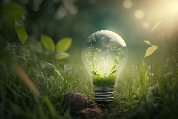 Green energy concept Electric light bulb in grass Ai generative