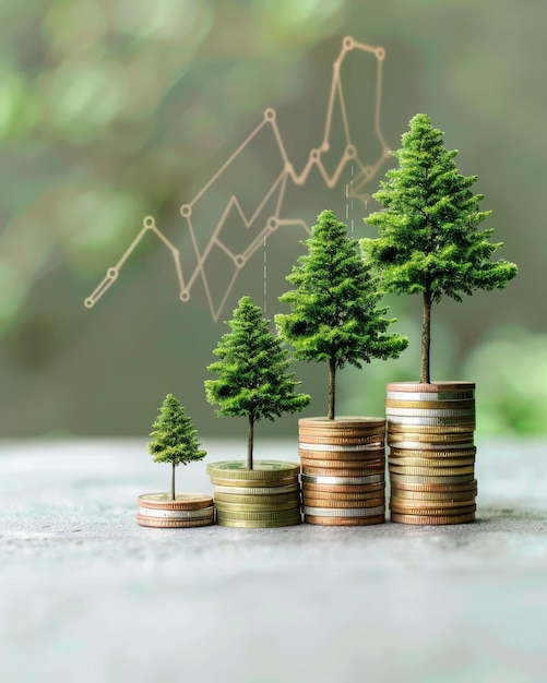 Photo green energy growth trees on coins and renewable graph