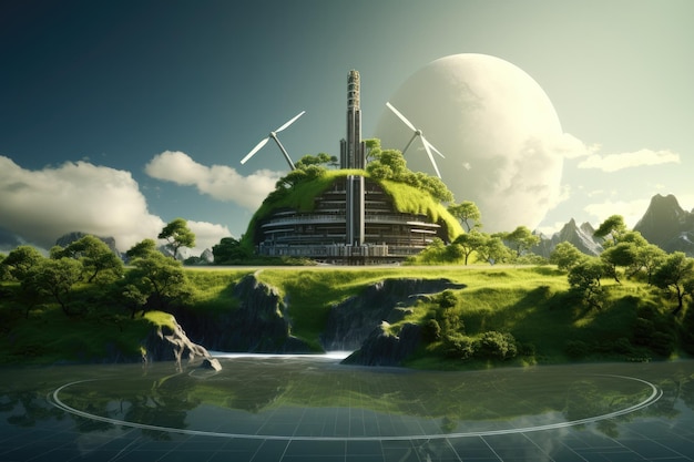 Green Energy house and wind turbines on a green hill renewable energy background with green energy Generative AI