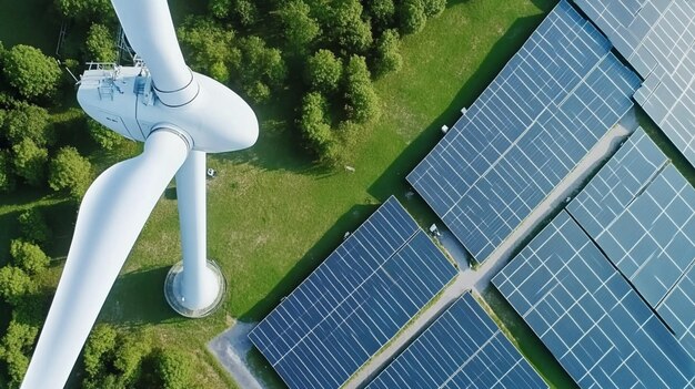 Photo a green energy image featuring solar panels and wind turbines