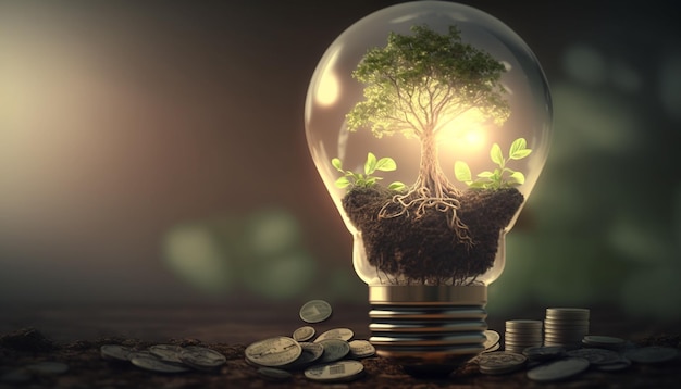 Green Energy Investment Plants Growth On Money And Tree In Lightbulb Generative AI