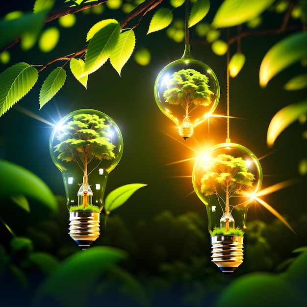 Green energy light bulbs in the forest