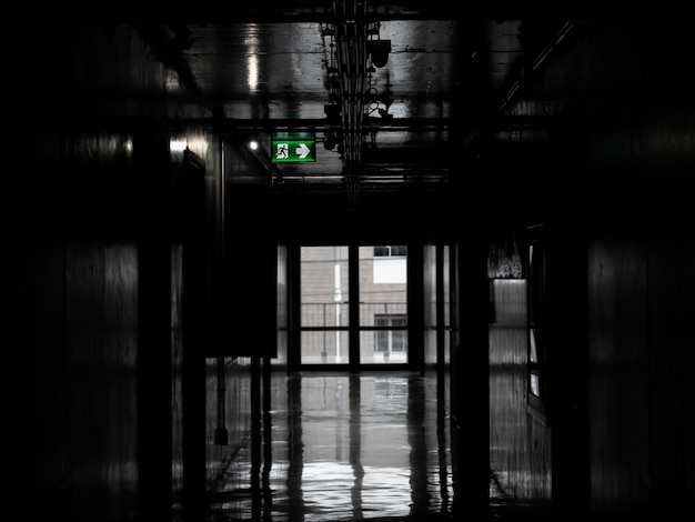 Green exit fire sign hanging on ceiling on dark mysterious corridor in building near fire exit door Door room perspective in lonely quiet building with light on black and white style vertical style