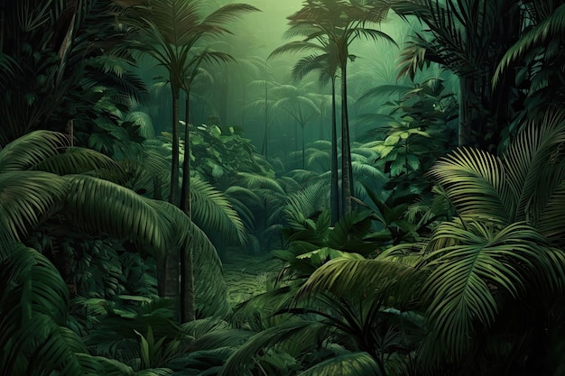 Green exotic palms growing in tropical forest against dark trees