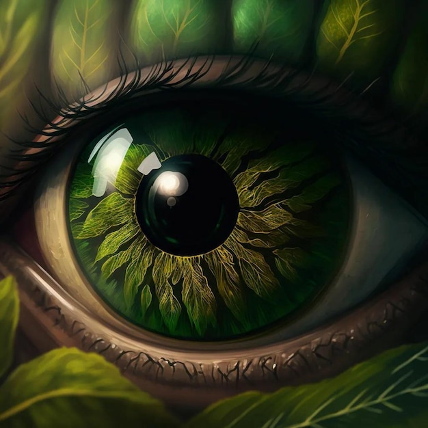 A green eye with a leaf on it