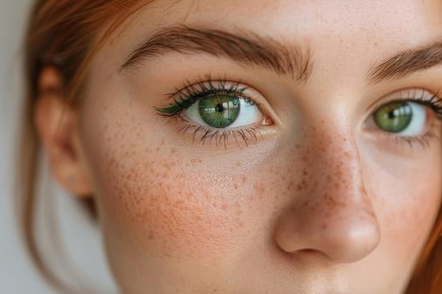 Green eyed girl with freckles showing a natural look on a soft focus background