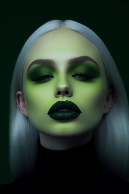 A green face with green eyes and a black shirt