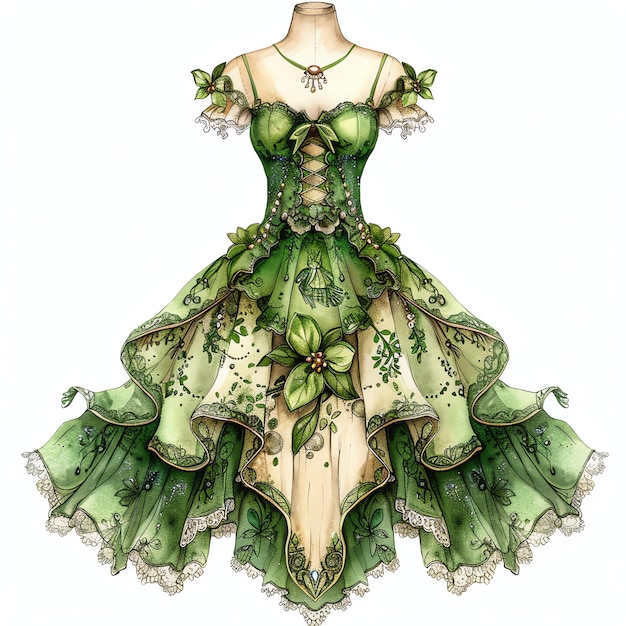 green Fairy dress decorated with tiny flowers lace pearls and glitter watercolor