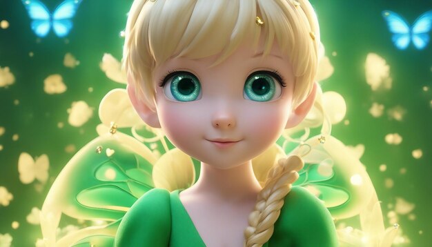 A green fairy with a green dress and a green bow in her hair