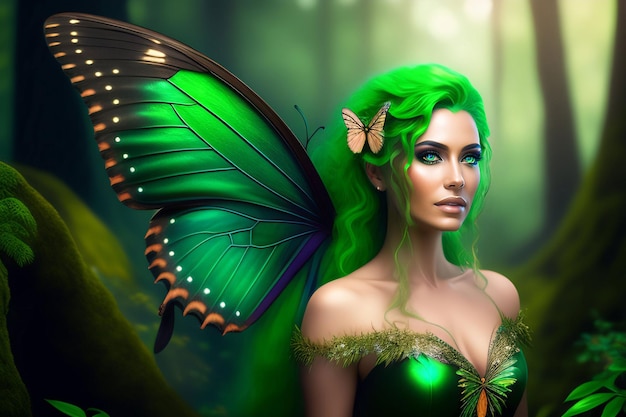 A green fairy with green hair and a butterfly on her back