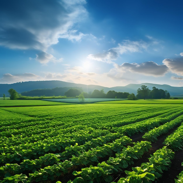 Green farm field with blue sky and sunrise in the morning