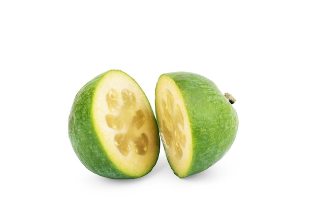 Green feijoa fruits isolated on white background. Fruits of feijoa on a white background. Tropical fruit feijoa isolated on white background