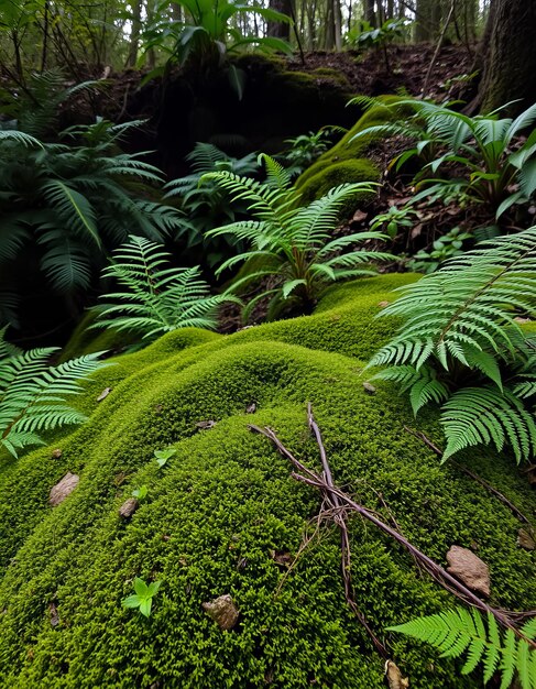 a green fern covered in moss with a log in the foreground