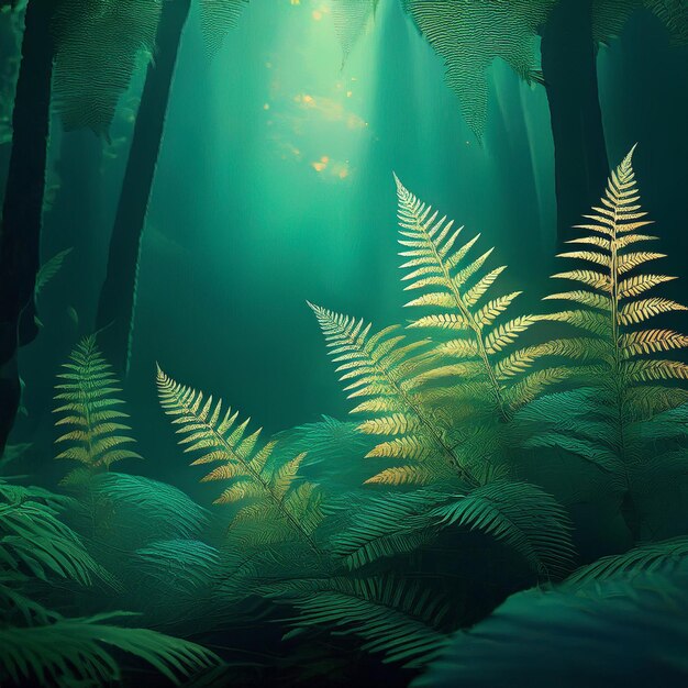 a green fern and ferns are under a green light