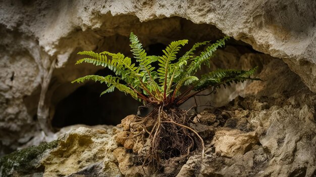 Photo a green fern growing in a cave with a cave in the background