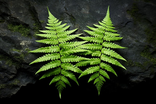 Photo green fern leaves on a mossy rock