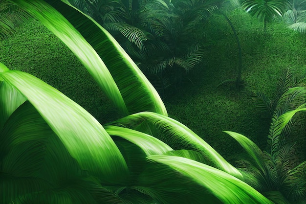 Green ferns in the tropical jungle 3D rendering raster illustration