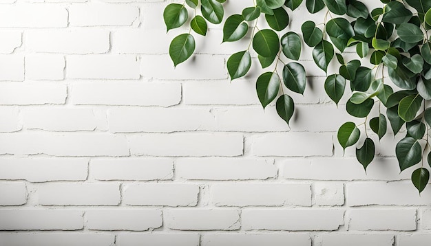 Green ficus leaves on white brick wall background with copy space