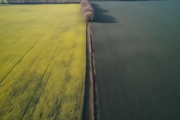 Green field aerial view Field after cutting grass and hay Drone view of the field in countryside Farmland Top view Sowing seeds on a plantation near farm Arable land ploughed and soil tillage