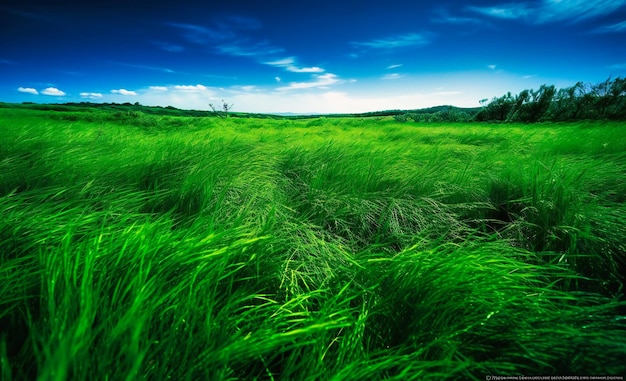 A green field against a blue sky