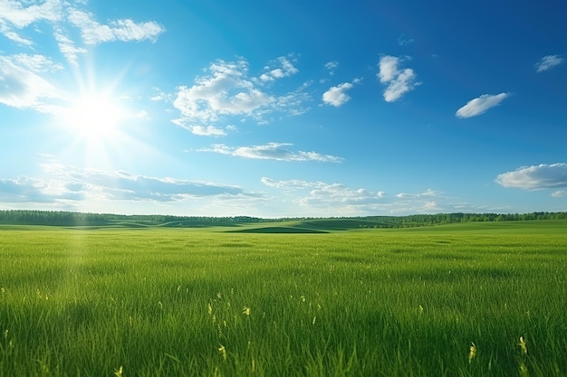 Green field under blue sky with clouds and sun Nature composition