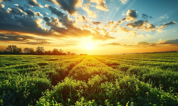 a green field under a bright sun in the style of light yellow and light navy exacting precision