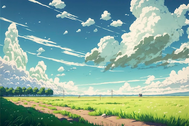 Green Field, Day sky clouds Anime Background