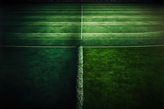 Green field in soccer stadium ready for game in the midfield