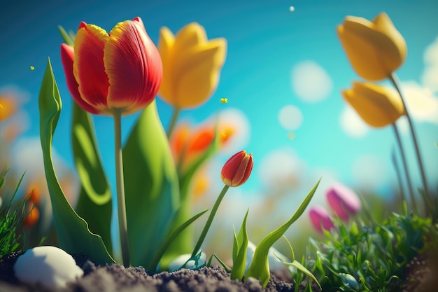 Green field with blooming tulips Illustration AI Generative