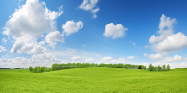 A green field with a blue sky and clouds