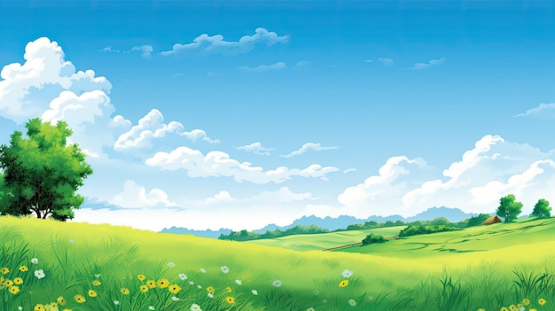 A green field with a blue sky and clouds