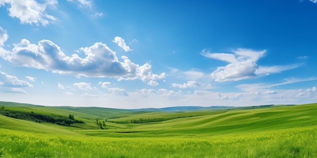 a green field with a blue sky and clouds