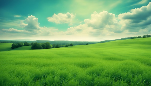 green field with a blue sky and clouds