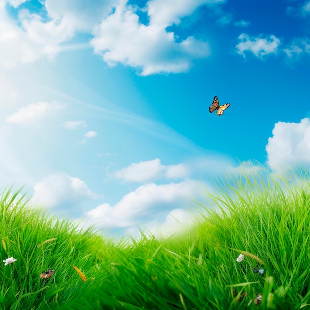 A green field with a butterfly flying in the sky