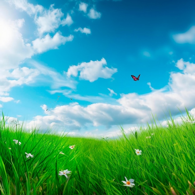 A green field with a butterfly on it