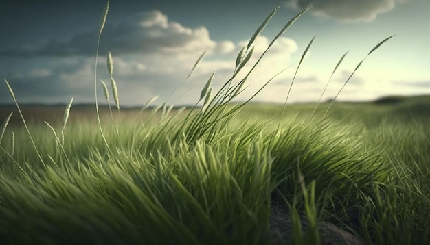 A green field with a cloudy sky in the background