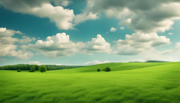 a green field with a cloudy sky and a field with trees