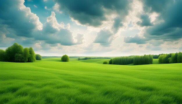 a green field with a cloudy sky and trees