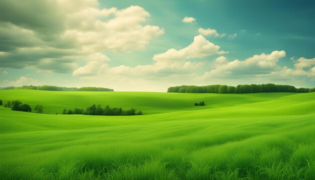 a green field with a green field and a blue sky with clouds