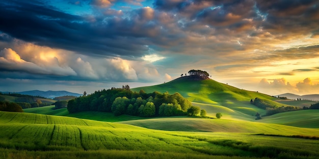 a green field with a green hill and a cloudy sky