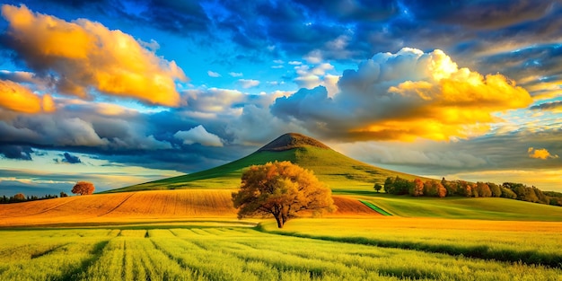 A green field with a hill in the background and clouds in the sky above it with a few trees on top