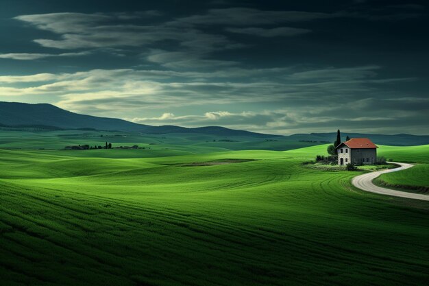 Photo a green field with a house on the top of it