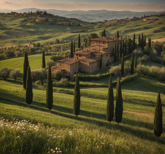 Photo a green field with a house and trees on it