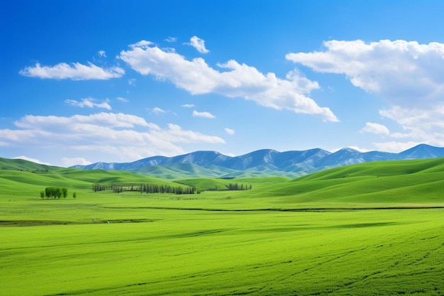 a green field with a mountain in the background