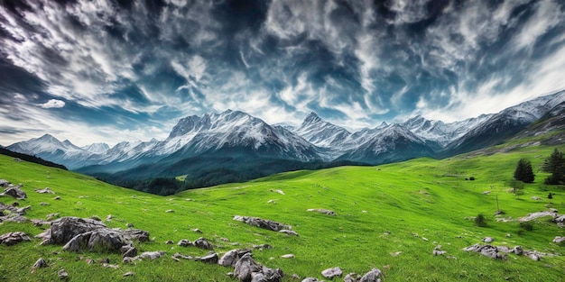 A green field with mountains in the background