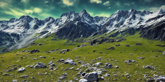 A green field with mountains in the background