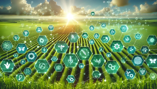 Photo a green field with a network of hexagonal icons representing various agricultural technologies