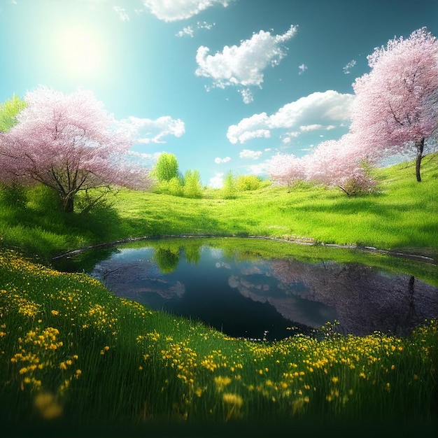 A green field with pink flowers and a pond with a yellow flower on it.