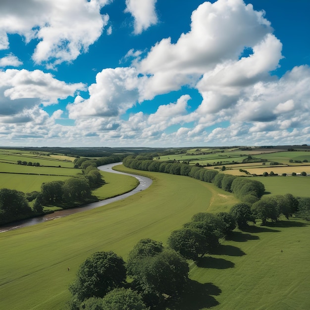 a green field with a road and a blue sky with clouds